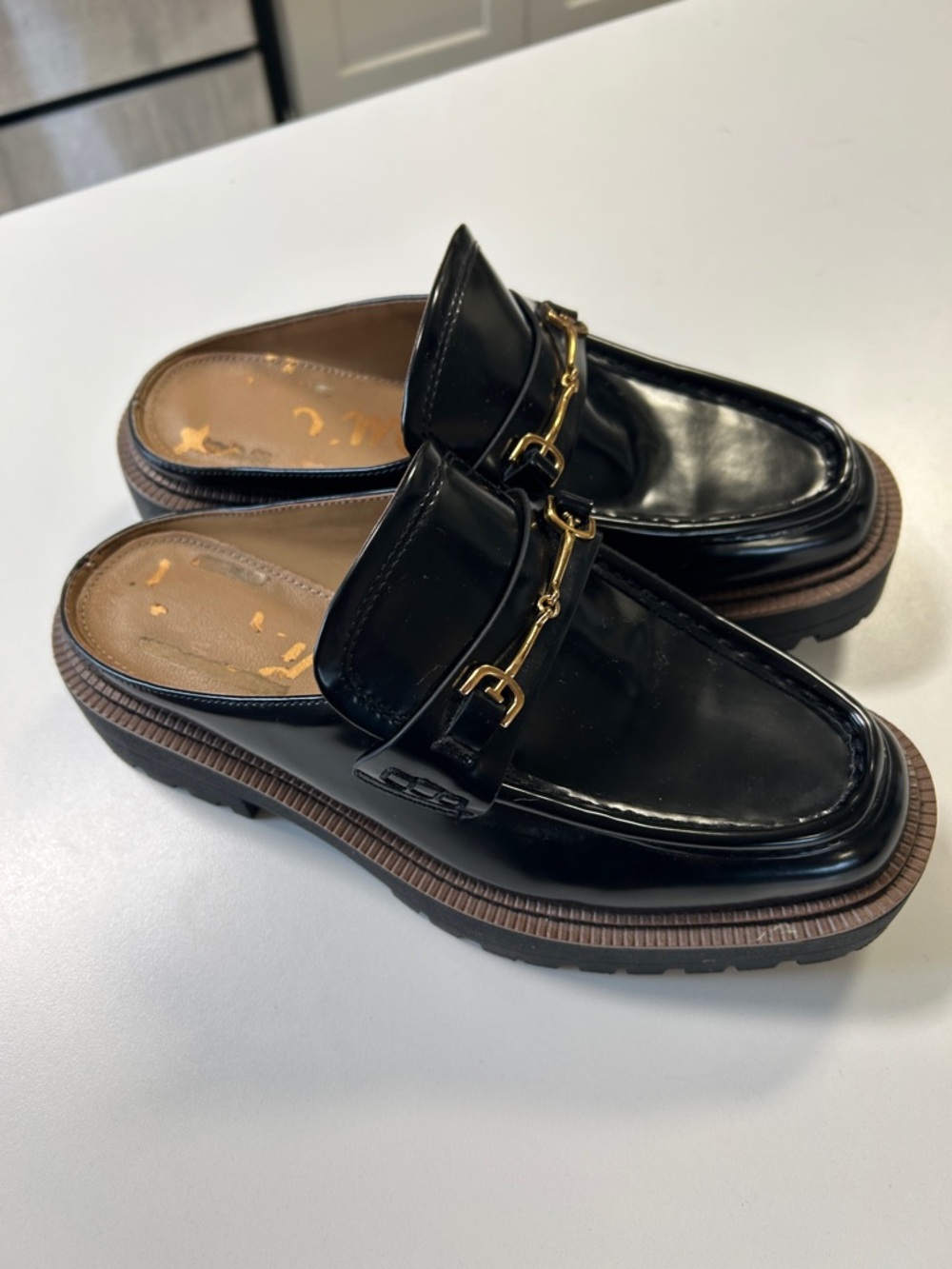 Sam Edelman Black Patent Leather Slip-On Loafers with Gold Hardware